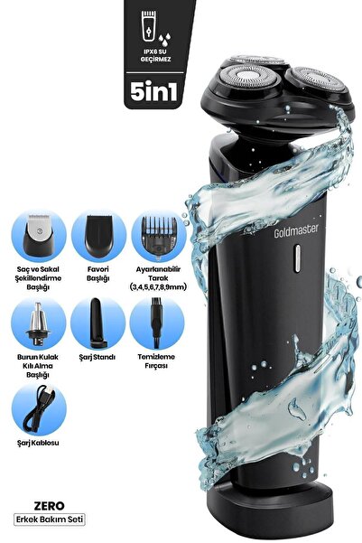 GOLDMASTER Zero Şarj Standlı Oynar Başlıklı Islak Kuru 5 In 1 Sıfır Tıraş Makinesi Ve Erkek Bakım Seti Gm8141