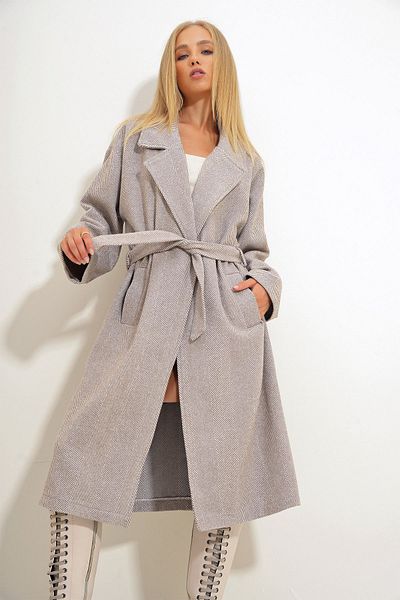 CAN ÇAPAR Women's Double Breasted Waist Belted Fish Back Patterned Cashmere Beige Coat