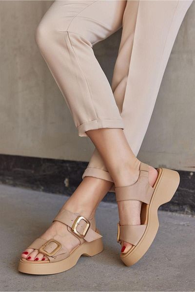 NILUFARR Albania Nude Genuine Leather Gold Buckle Women's Sandals