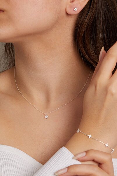 Elika Silver 925 Ayar Gümüş Minimal Kolye Bileklik ve Küpe Set