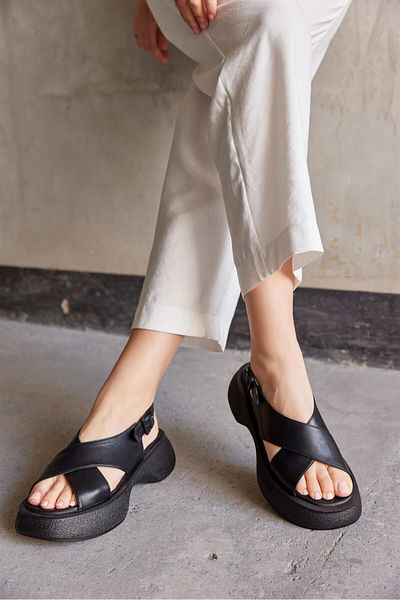 NILUFARR Aisha Black Genuine Leather Women's Sandals