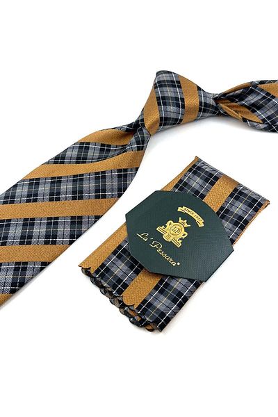 Kravatkolik Smoked - Yellow Plaid Pattern Classic Necktie with Handkerchief KK11987