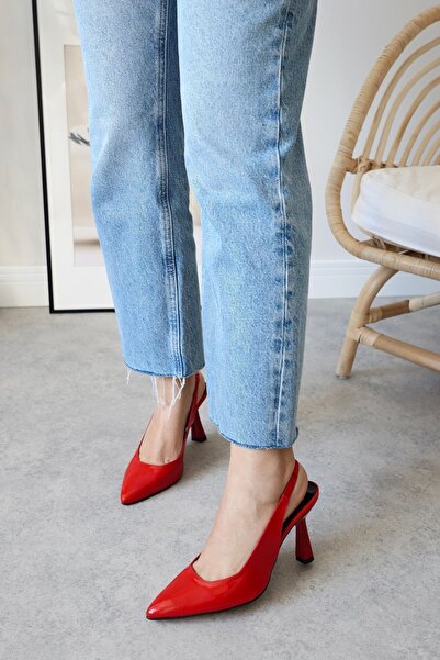 POLKA STORE Spark Rugan Kırmızı Sivri Burun Arka Açık Stiletto Abiye Topuklu Kadın Ayakkabı