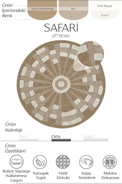 Cool Halı Safari 677 Beyaz Iskandinav Yuvarlak Dekoratif Etnik Halı Natural Mutfak Halısı Rüstik Retro Halı