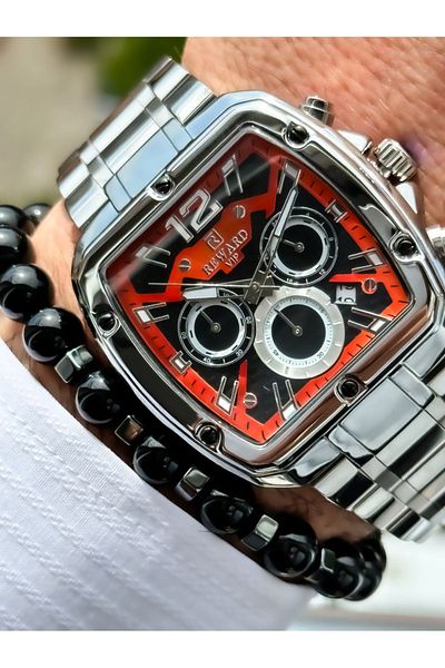 Reward Men's Silver Colored Red Dial Special Locked Bracelet - Functional Wristwatch