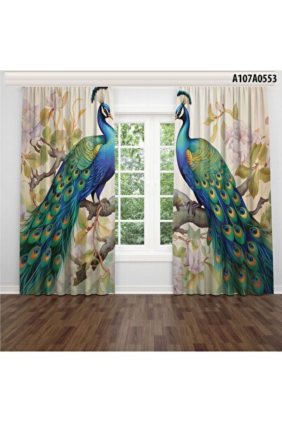 A2ZTR Tavus Kuşu Deseni Dijital Baskılı Fon Perde (İKİ KANAT)