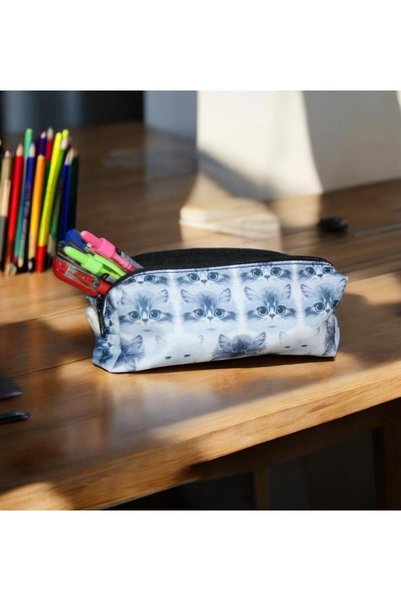 Nostaljik Lezzetler Gray Cat Patterned Sweet Pencil Case - School Pencil Case-Makeup Bag