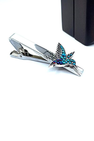 Kravatkolik Mavi Taşlı Kuş Motif Gümüş Kravat İğnesi