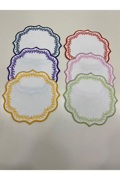 İNCİ ÇEYİZ 6 Different Colors Linen Fabric Leaf Pattern Embroidered Coffee Side Cocktail Napkin & Coasters