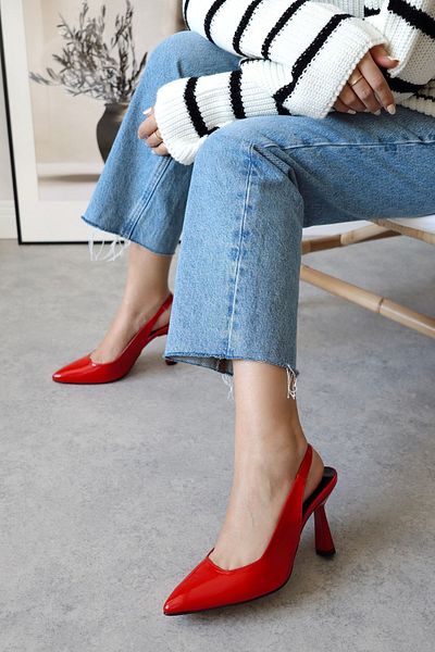 POLKA STORE Spark Piele Lacuita Rosie Varf Ascutit Spate Deschis Stiletto Rochie de seară Cu Toc Pantofi damă 