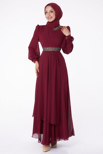 TOFİSA Burgundy Jewelled Straight High Collar Chiffon Women's Dress - 26255