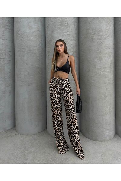İLKCET MODA Σατέν Γυναικείο Παντελόνι - Λεοπάρ στάμπα