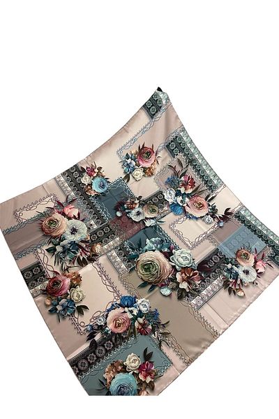 PİRAMİT 90cm X 90cm Pyramid Digital Printed Floral Pattern Powder Scarf - Es-41