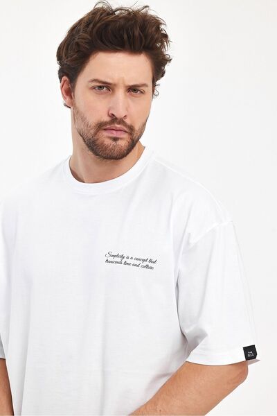 THE RULE Ανδρικό μπλουζάκι με στάμπα Simplicity Oversize 100% βαμβακερό φαρδύ φαρδύ λαιμόκοψη φαρδύ λευκό μπλουζάκι