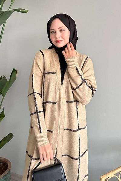 InStyle Beige Color Glitter Striped Knitwear Cardigan