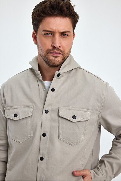 THE RULE Ανδρικό τζιν μπουφάν ανοιχτό μπεζ κανονική εφαρμογή με κουκούλα και λεπτομέρεια με κουμπιά