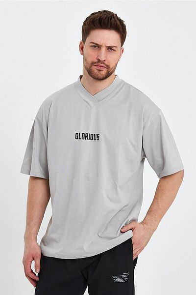 THE RULE Ανδρικό γιακά με λεπτομέρειες Oversize 100% βαμβακερό φαρδύ φαρδύ κομμένο λαιμόκοψη με απαλή υφή Ice Grey T-shirt