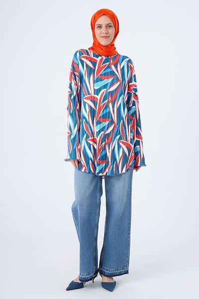 ALLDAY Indigo-red Pleated Printed Patterned Comfortable Fit Tunic