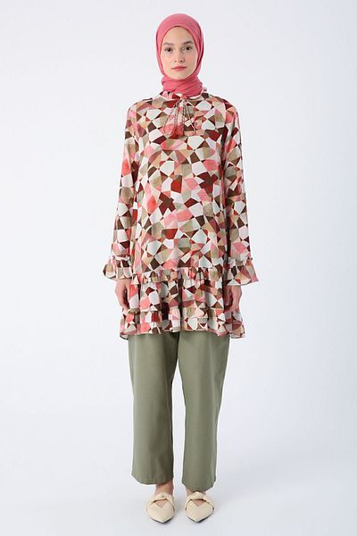 ALLDAY Ecru-burgundy Patterned Viscose Tunic with Frilly Collar Sleeves and Skirt and Zipper Closure