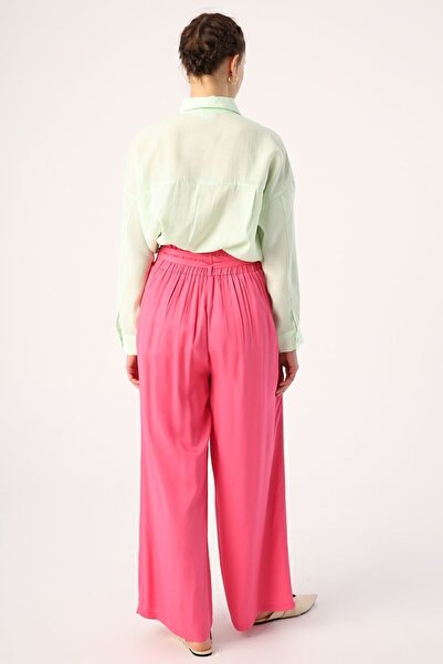 ALLDAY Tmavě růžové viskózové kalhoty s pružným pasem a širokými nohavicemi