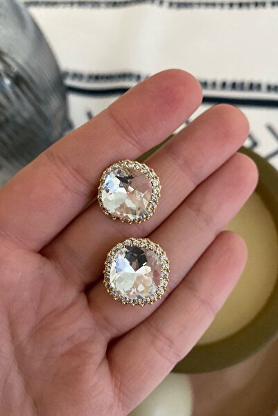 Dora Accessories Kücük Oval Beyaz Taşlı Altın Renk Abiye Kadın Küpe