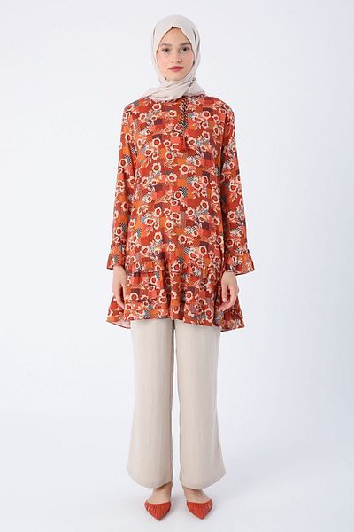 ALLDAY Brick-beige Patterned Viscose Tunic with Frilled Collar Sleeves and Zipper Closure on the Skirt