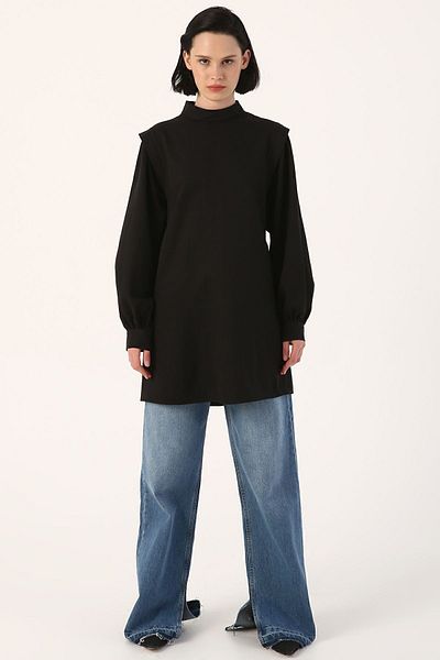ALLDAY Women's Black Shoulder Pleat Detailed Balloon Sleeve Tunic