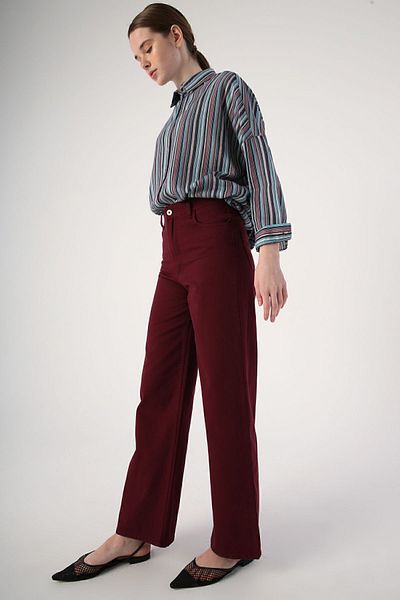 ALLDAY Claret Red 100% βαμβακερό φαρδύ πόδι βαφής παντελόνι με άνετη εφαρμογή