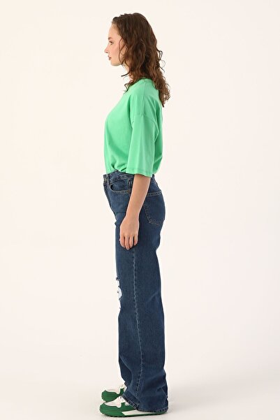 ALLDAY Mavi %100 Pamuk Yırtık Detaylı Wide Leg Pantolon