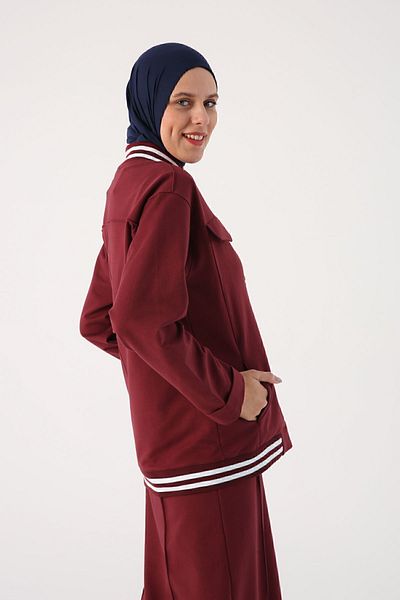 ALLDAY Claret Red Striped Ribbed Skirt Short Cardigan Suit