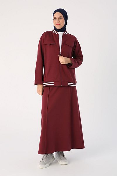 ALLDAY Claret Red Striped Ribbed Skirt Short Cardigan Suit