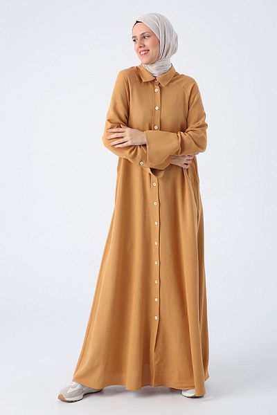 ALLDAY Senffarbene Abaya aus Leinen mit Raglanärmeln