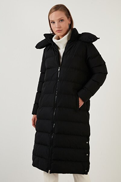 Lela Κανονική εφαρμογή με σκισίματα στο πλάι με λεπτομέρεια με κουκούλα μακρύ παλτό 497ferıha