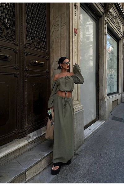 manana fashion Set bluză și fustă de in kaki guler Madonna