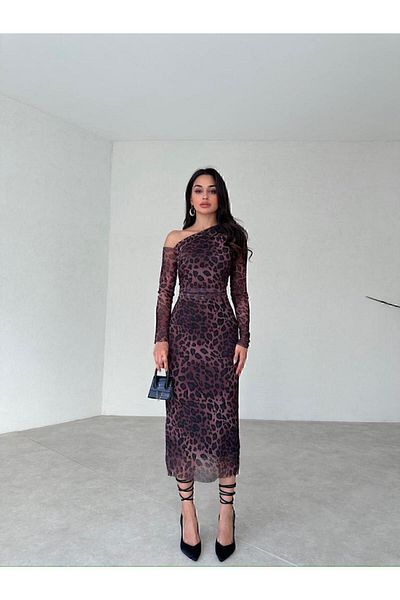 manana fashion Leopard One Shoulder Sleeve Tulle Detail Midi Elegant Dress