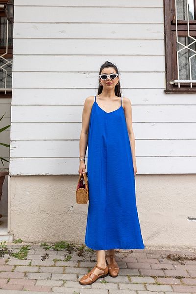 Askı Nişantaşı Φόρεμα Saks Blue Strap Stitch Detailed Dress 101-01255