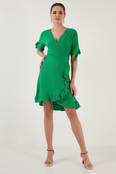 Lela Fırfırlı Kruvaze Yaka Kısa Kollu Krinkıl Esnek Elbise Elbise 5865016