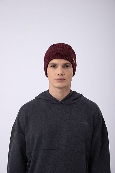 Nordbron Men's Burgundy Soft Beanie Knitwear Winter Solid Color Acrylic Basic Stretchy Herno Ribbed with Logo Detail