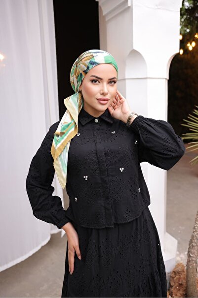 hilla line Black Hijab - Stone Detailed Long Skirt Scallop Set