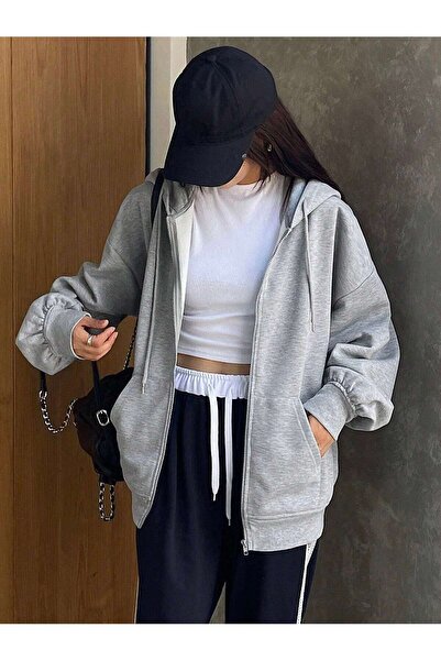 coolart سترة شتوية غير مطبوعة بسحاب - غطاء رأس رمادي كبير الحجم