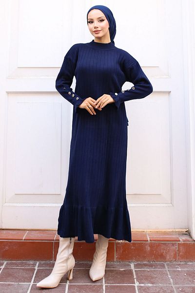 benguen 23009 Πλεκτό φόρεμα Navy Blue Ruffle