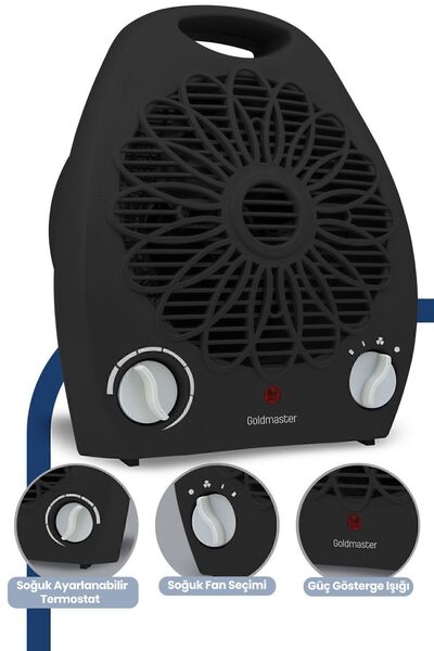 GOLDMASTER Venüs 2000 Watt Isıya Dayanıklı Sıcak,Ilık,Soğuk Devrilme Emniyetli Isıtıcı Fan Siyah