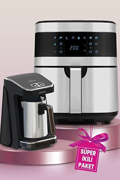 GOLDMASTER Avantajlı Ikili Set 7 Litre Inox Xxl Airfryer Sıcak Hava Fritözü Çelik Cezveli Türk Kahve Makinesi