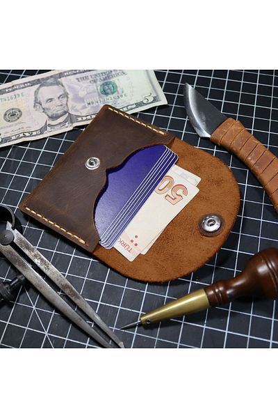 Derici Amca Tan Colored Genuine Calf Leather Minimalist Card Holder Wallet - with Snap Fasteners