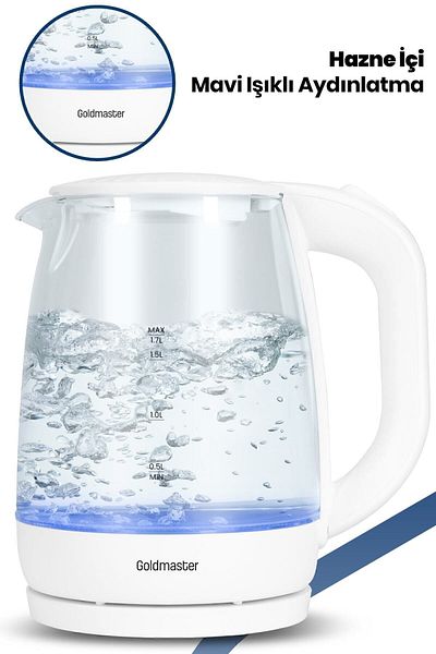 GOLDMASTER Beykoz 2200 Watt Waterless and Overheating Safe 1.7 Lt Lighted Glass Kettle Water Heater
