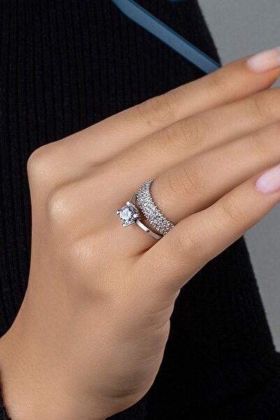 Else Silver 3 Sıra Tam Tur Ve Tek Taş Gümüş Yüzük