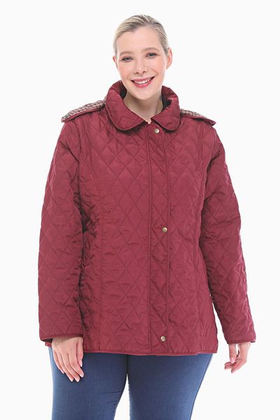VETRE Women's Large Size Plaid 75 Cm Seasonal Claret Red Quilted Coat 1024