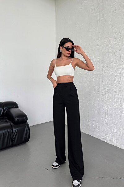 RuyaMood Kadın Siyah Yüksek Bel Likralı Esnek Cırt Kapamalı Pileli Rahat Kalıp Palazzo Pantolon