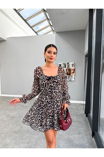 ESRAHELVACI Leopard Print Mini Chiffon Dress with Front Laces