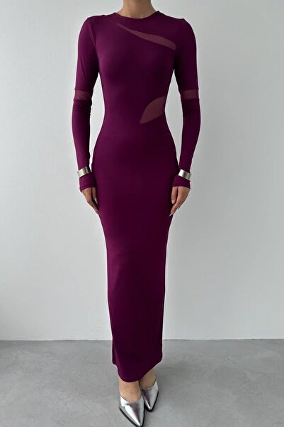 bayansepeti Mürdüm Esnek Kumaş Transparan Detaylı Uzun Kollu Arkası Yırtmaçlı Maxi Abiye Elbise 275